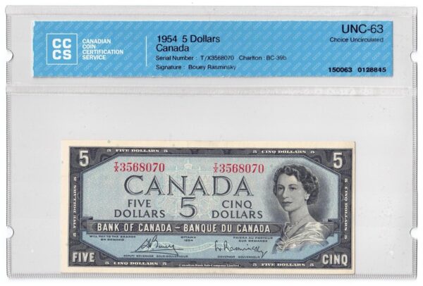 1954 5 Dollars The Bank of Canada CCCS Graded UNC-63