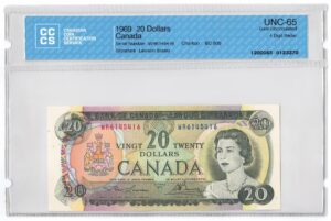 1969  Dollars The Bank of Canada FOUR DIGIT RADAR Banknote CCCS Graded UNC-65