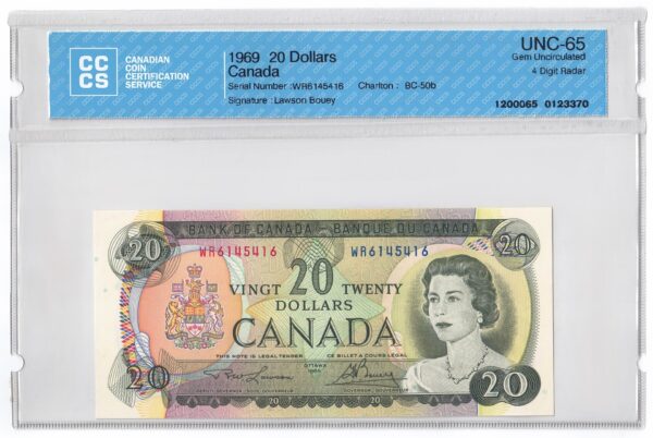 1969  Dollars The Bank of Canada FOUR DIGIT RADAR Banknote CCCS Graded UNC-65