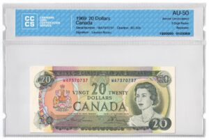 1969  Dollars The Bank of Canada THREE DIGIT RADAR/REPEATER Banknote CCCS Graded AU-50