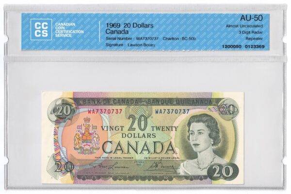 1969  Dollars The Bank of Canada THREE DIGIT RADAR/REPEATER Banknote CCCS Graded AU-50