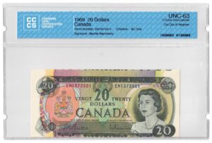 1969 20 Dollars The Bank of Canada CCCS Graded UNC-63 CUT OUT OF REGISTER