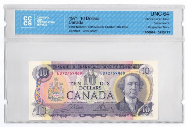 1971  Dollars The Bank of Canada REPLACEMENT/LITHOGRAPHED Back Banknote CCCS Graded UNC-64