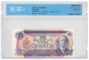 1971  Dollars The Bank of Canada THREE DIGIT RADAR Banknote CCCS Graded UNC-65