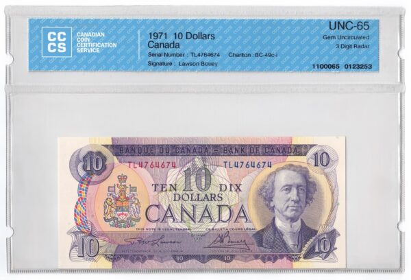 1971  Dollars The Bank of Canada THREE DIGIT RADAR Banknote CCCS Graded UNC-65