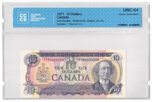 1971 10 Dollars Bank of Canada CCCS Graded UNC-64