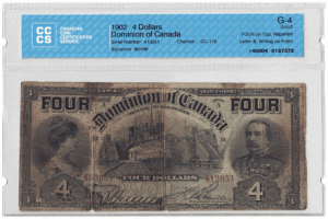 1902  Dollars Dominion of Canada WRITING ON FRONT CCCS Graded G-4