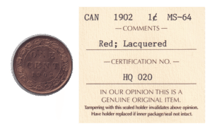 1902 1 Cent Canadian Coin ICCS Graded MS-64 RED/LACQUERED (KM# 8)