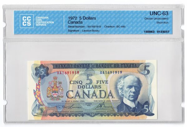 1972  Dollars The Bank of Canada Shot Run Banknote CCCS Graded UNC-63