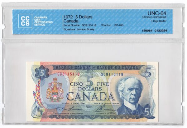 1972  Dollars The Bank of Canada THREE DIGIT RADAR Banknote CCCS Graded UNC-64