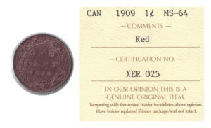 1909 1 Cent Canadian Coin ICCS Graded MS-64 RED (KM# 8 Schön# 8)