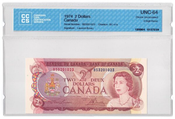 1974  Dollars Bank of Canada CCCS Graded UNC-64 FOUR DIGIT RADAR