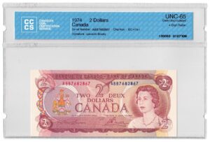 1974  Dollars Bank of Canada CCCS Graded UNC-65 FOUR DIGIT RADAR