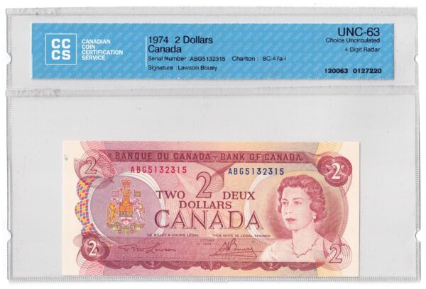 1974  Dollars The Bank of Canada CCCS Graded UNC-63 FOUR DIGIT RADAR
