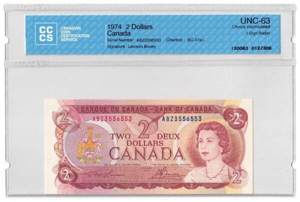 1974  Dollars The Bank of Canada CCCS Graded UNC-63 THREE DIGIT RADAR