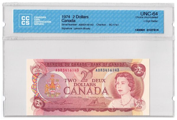 1974  Dollars The Bank of Canada CCCS Graded UNC-64 FOUR DIGIT RADAR
