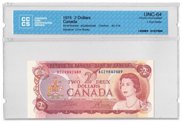 1974  Dollars The Bank of Canada CCCS Graded UNC-64 FOUR DIGIT RADAR