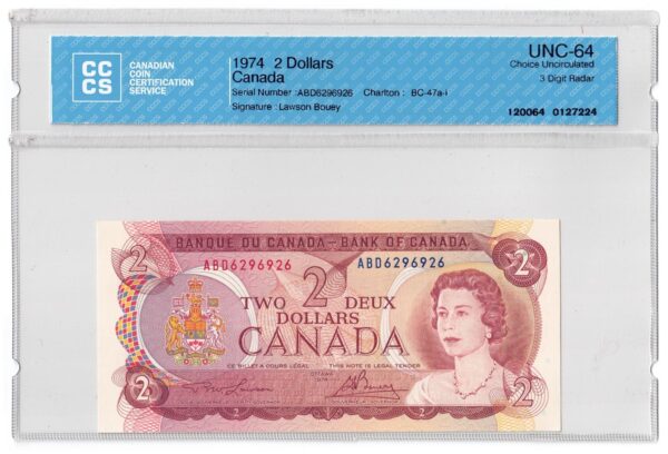 1974  Dollars The Bank of Canada CCCS Graded UNC-64 THREE DIGIT RADAR