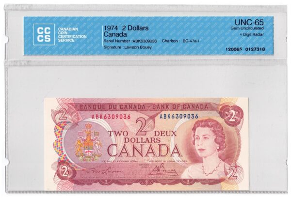 1974  Dollars The Bank of Canada CCCS Graded UNC-65 FOUR DIGIT RADAR