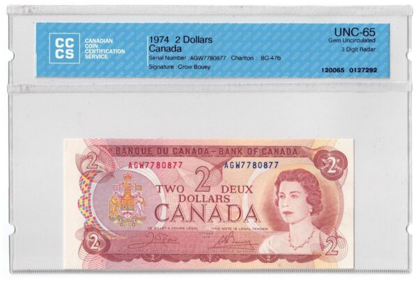 1974  Dollars The Bank of Canada CCCS Graded UNC-65 THREE DIGIT RADAR