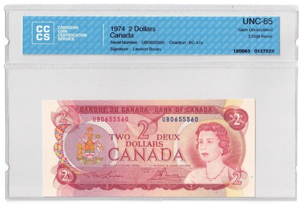 1974  Dollars The Bank of Canada CCCS Graded UNC-65 THREE DIGIT RADAR
