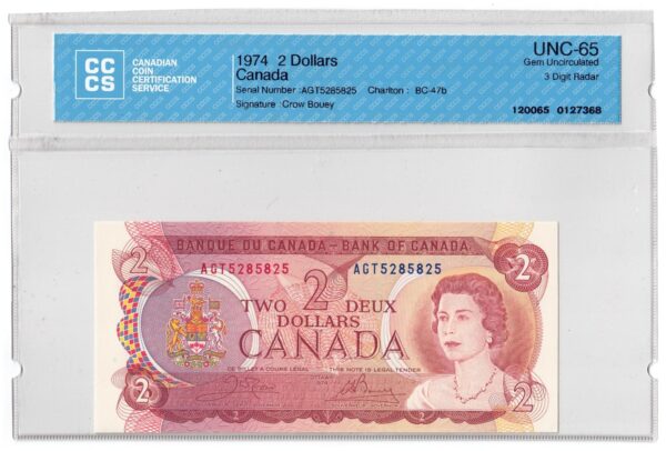 1974  Dollars The Bank of Canada CCCS Graded UNC-65 THREE DIGIT RADAR