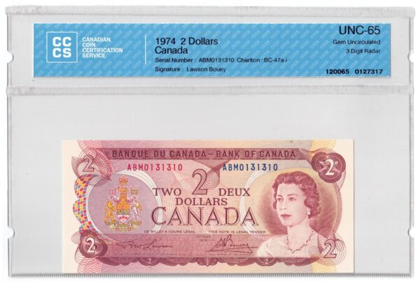1974  Dollars The Bank of Canada CCCS Graded UNC-65 THREE DIGIT RADAR