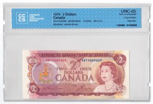 1974  Dollars The Bank of Canada TWO DIGIT RADAR/REPEATER/ROTATOR Banknote CCCS Graded UNC-65