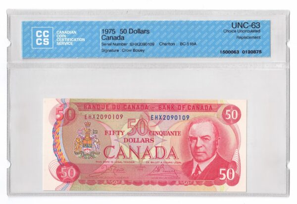 1975  Dollars The Bank of Canada REPLACEMENT Banknote CCCS Graded UNC-63