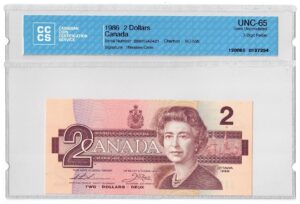 1986  Dollar Bank of Canada CCCS Graded UNC-65 THREE DIGIT RADAR