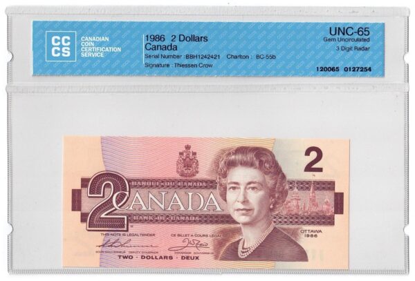 1986  Dollar Bank of Canada CCCS Graded UNC-65 THREE DIGIT RADAR