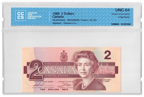 1986  Dollars Bank of Canada CCCS Graded UNC-64 FOUR DIGIT RADAR