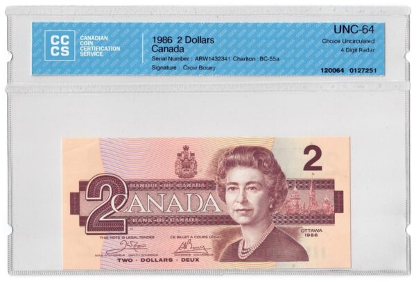 1986  Dollars Bank of Canada CCCS Graded UNC-64 FOUR DIGIT RADAR
