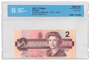 1986  Dollars Bank of Canada CCCS Graded UNC-64 THREE DIGIT RADAR