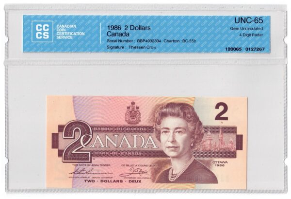 1986  Dollars Bank of Canada CCCS Graded UNC-65 FOUR DIGIT RADAR