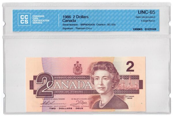 1986  Dollars Bank of Canada CCCS Graded UNC-65 FOUR DIGIT RADAR