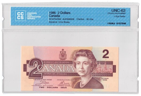 1986  Dollars The Bank of Canada CCCS Graded UNC-63 FOUR DIGIT RADAR