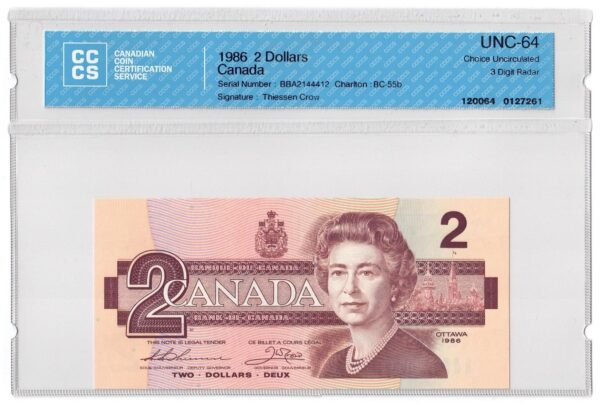1986  Dollars The Bank of Canada CCCS Graded UNC-64 THREE DIGIT RADAR