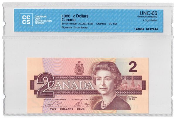 1986  Dollars The Bank of Canada CCCS Graded UNC-65 FOUR DIGIT RADAR