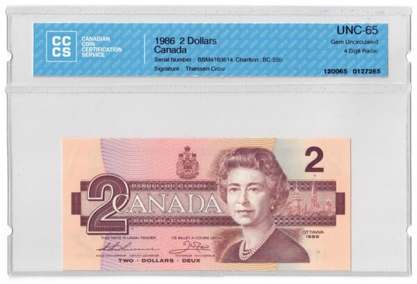 1986  Dollars The Bank of Canada CCCS Graded UNC-65 FOUR DIGIT RADAR