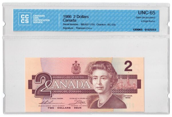 1986  Dollars The Bank of Canada CCCS Graded UNC-65 FOUR DIGIT RADAR