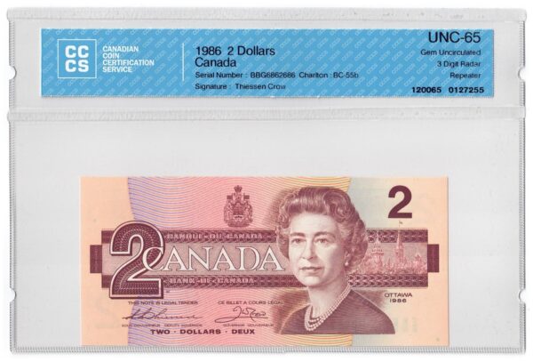 1986  Dollars The Bank of Canada CCCS Graded UNC-65 THREE DIGIT RADAR/REPEATER
