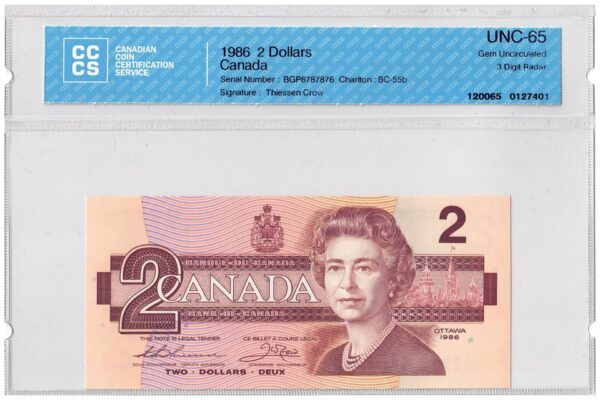 1986  Dollars The Bank of Canada THREE DIGIT RADAR CCCS Graded UNC-65
