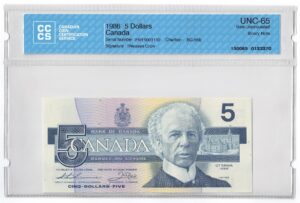 1986  Dollars The Bank of Canada BINARY NUMBERED Banknote CCCS Graded UNC-65