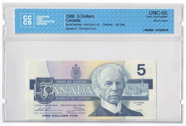 1986  Dollars The Bank of Canada BINARY NUMBERED Banknote CCCS Graded UNC-65
