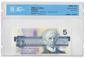 1986  Dollars The Bank of Canada BINARY NUMBERED Banknote CCCS Graded UNC-65