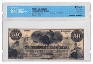 1859  Dollars The International Bank CCCS Graded Banknote EF-45 with Original Engraving