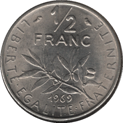 1969 France Half Franc Coin (Franc 2014# 198 Gad 1789# 429 KM# 931.1 Schn# 232)