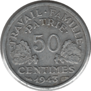 1943 France 50 Centimes Coin (Franc 2014# 196 Gad 1789# 425 KM# 914 Schn# 212)