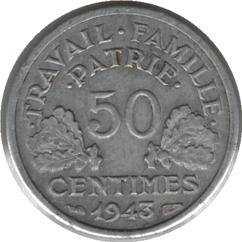 1943 France 50 Centimes Coin (Franc 2014# 196 Gad 1789# 425 KM# 914 Schn# 212)